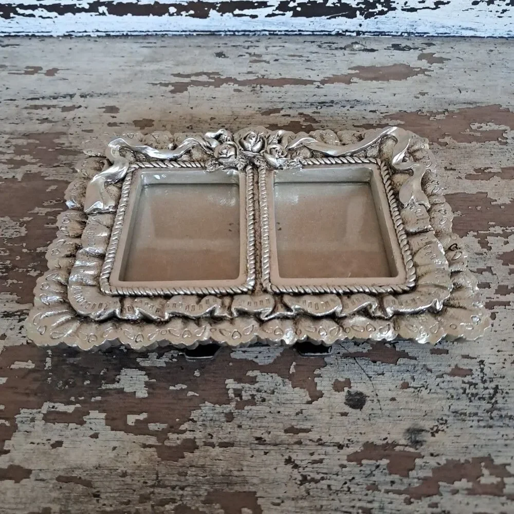 Vtg Platinum Resin Floral Ornate Double Frame 7x5” Ruffle Ribbon Cottage Core